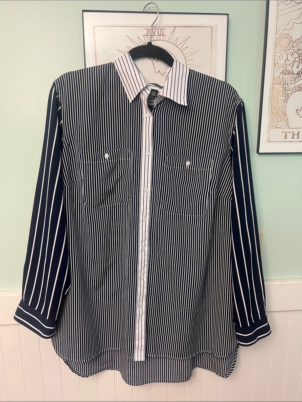 Lauren Ralph Lauren Navy and White Vertical Stripe Button-Up Shirt 1x